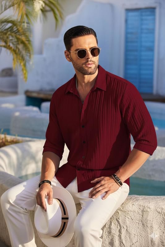 DEELMO Men's Casual Button Down Shirts Long Sleeve Linen Shirt Fashion Textured Beach Summer Shirt - Image 3