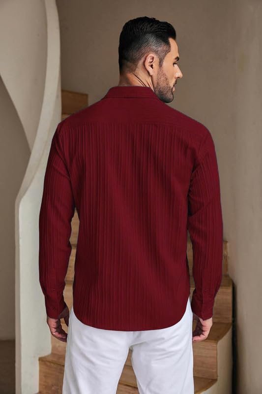 DEELMO Men's Casual Button Down Shirts Long Sleeve Linen Shirt Fashion Textured Beach Summer Shirt - Image 2