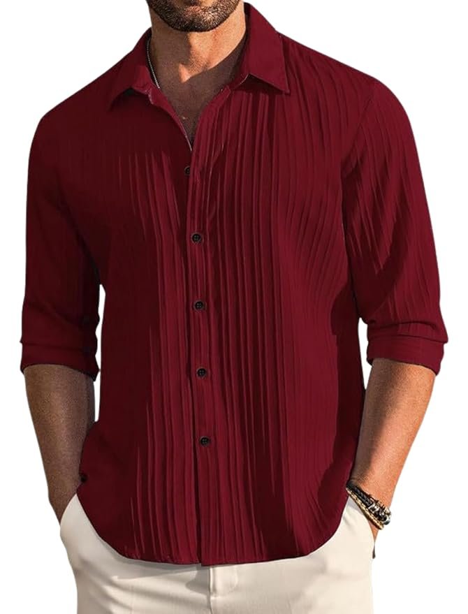 DEELMO Men's Casual Button Down Shirts Long Sleeve Linen Shirt Fashion Textured Beach Summer Shirt